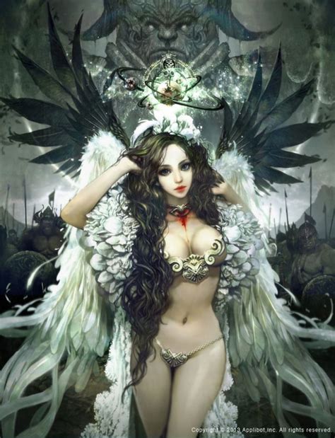 A Painting Of A Woman With Angel Wings On Her Head And Body Surrounded By Monsters