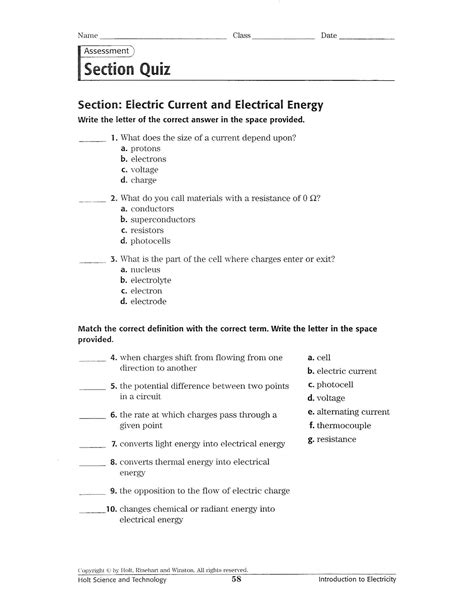 Electric Current And Electrical Energy Quiz Craig Fisher Library