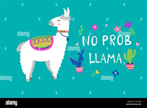 Cute Llama Card With No Prob Llama Motivational Quote Cartoon Alpaca