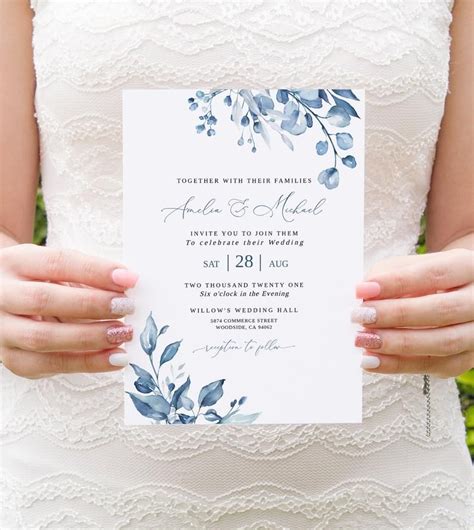 Dusty Blue Wedding Invitation Template Blue Wedding Invitation Editable