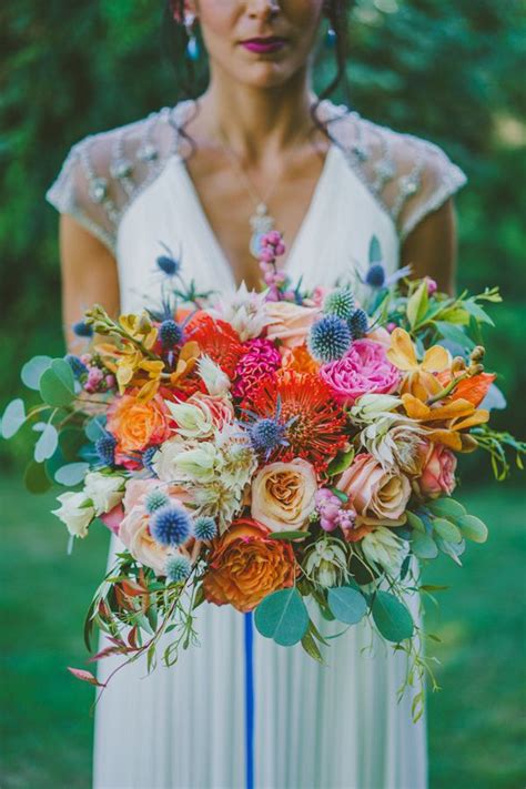 Bouquet with orchids, anthurium and palm leaves. Vibrant Eclectic Wedding in Palm Springs | Tropical ...