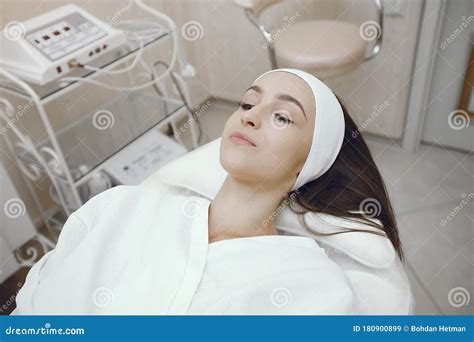 Woman In A White Bathrobe In A Cosmetology Studio Stock Image Image