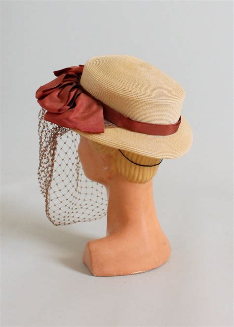 vintage 1940s straw boater hat with bows and face veil raleigh vintage