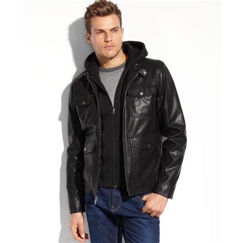 Guess Coats Faux Leather Fourpocket Hooded Jacket In Black