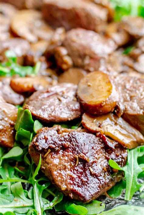 Amazing Beef Tenderloin Steak Tips Zip Sauce Mushrooms And Arugula