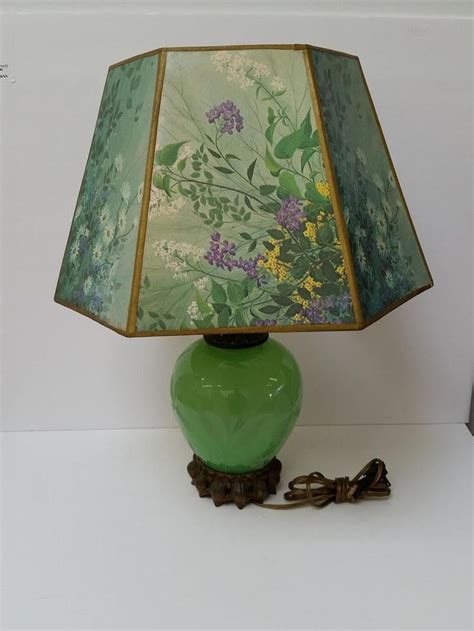 vintage collectible green glass lamp with floral shade glass lamp lamp green glass
