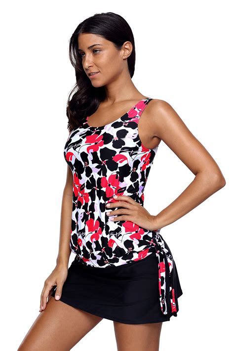 Black Floral Tankini 2pcs Skirtini Swimsuit Summer Sexy Print Womens