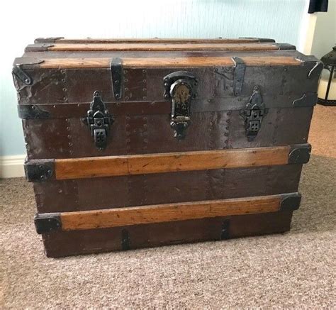 Large Antique Wooden Treasure Chest Vintage Trunk Box In Loanhead