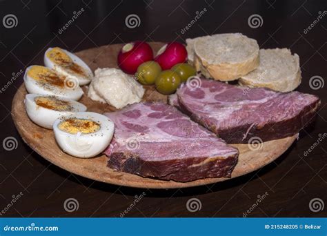 Traditional Hungarian Easter Meal From Boiled Ham And Eggs Stock Image