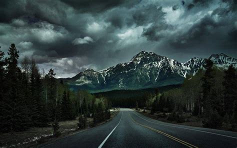 Nature Landscape Road Lines Clouds Canada Mountain Trees Forest