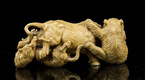 Chinese Carved Ivory Miniature Animals Fighting