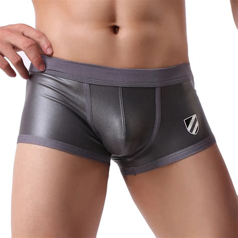 FeiTong Underwear Men Boxer Shorts Low Trunks Sexy Imitation Leather