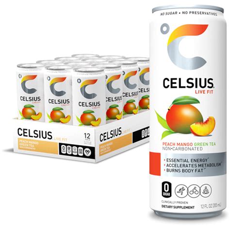 Celsius Essential Energy Drink 12 Fl Oz Peach Mango Green Tea Pack O