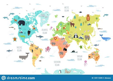 World Map With Wild Animals Living On Various Continents And In Oceans