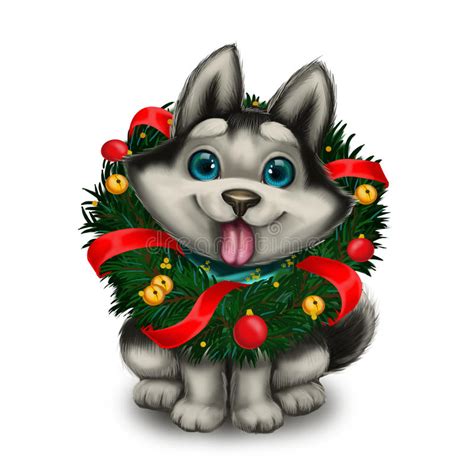 Cartoon christmas rudolph puppy dog. Season`s Greetings With Cute Husky Puppy Wearing Holiday ...