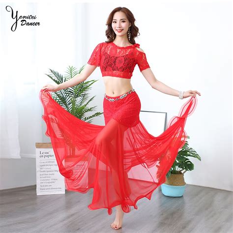 2pcsset New Belly Dance Practice Clothes Sexy Thin Long Tulle Skirts