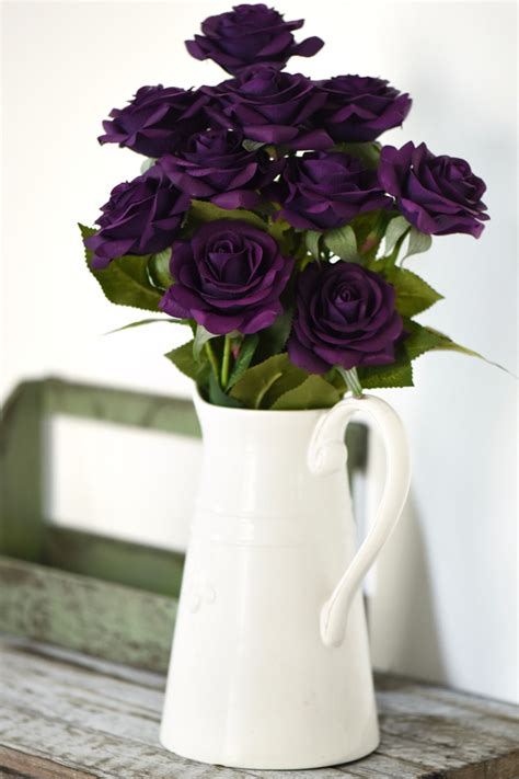 Real Touch 10 Stems Dark Purple Silk Artificial Roses Flowers ‘petals