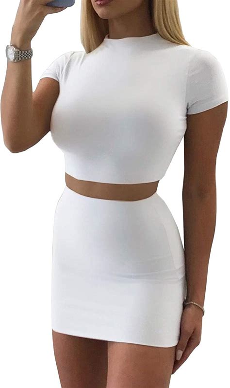 SINRGAN Women S Casual 2 Piece Short Sleeve Crop Top Bodycon Skirt Set