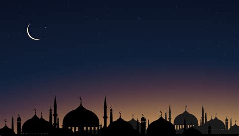 Islamic Card With Silhouette Dome Mosquescrescent Moon On Orange Sky