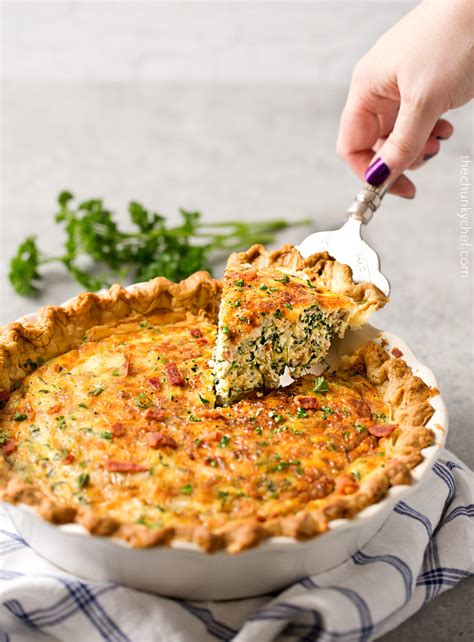 To prepare filling and bake quiche: Basic Cheesy Spinach Quiche with Bacon - The Chunky Chef