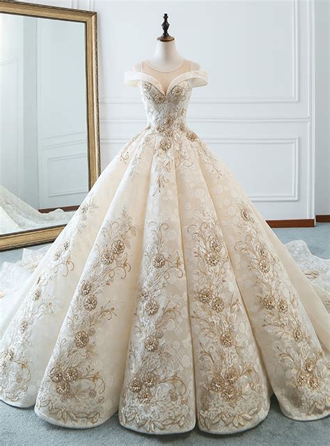 Luxury Champagne Ball Gown Appliques Long Train Wedding Dress