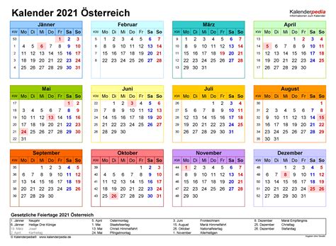 Kalenderwochen und gesetzliche feiertage sind in jedem der drei farbschemen markiert. Jahreskalender 2021 Zum Ausdrucken Kostenlos Österreich ...