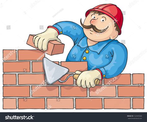 Mustachioed Bricklayer Builds A Red Brick Wall Vector Cartoon