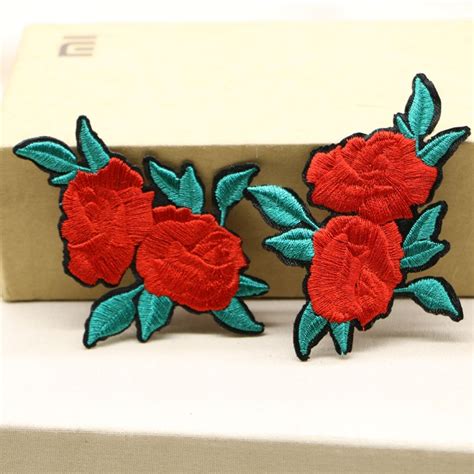 2pcs Peony Flower Clothes Embroidery Iron On Patch Sew On Embroidered