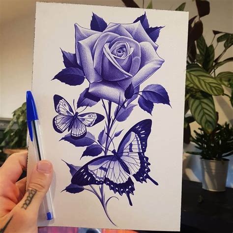 Realistic Blue Ballpoint Pen Drawings Rose Drawing Tattoo Rose