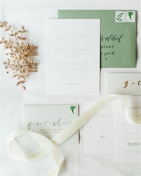 Understated Green Calligraphy And Fern Wedding Invitations