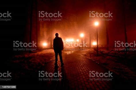 Sad Man Alone Walking Along The Alley In Night Foggy Park Back View