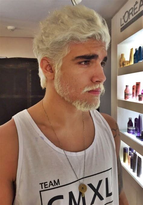 Your hair will go through various color stages as the bleach does its job. White hair bleached beard men hairstyles dyed | White hair ...
