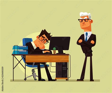 Tired Office Worker Man Character Sleeping At Workplace And Angry Boss