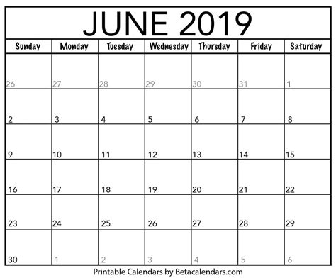Blank June 2019 Calendar Printable Beta Calendars