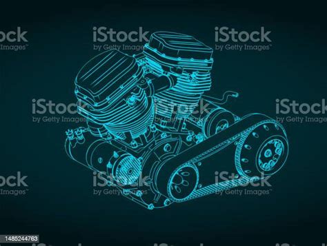 Powerful Motorcycle Engine Blueprint Stock Illustration Download