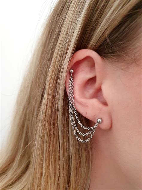 Surgical Steel Helix Chain Earring To Lobe Gold And Silver Etsy