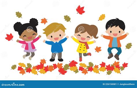 Kids Boys And Girls Playing With Falling Leaves In Autumn Vector