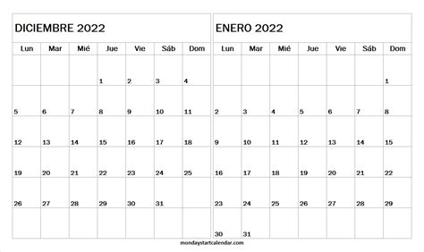Calendario Diciembre 2022 Enero 2023 Imprimir Archives Monday Start