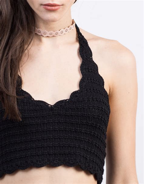 Crochet Knit Halter Crop Top Black Crop Top V Neck Halter Top 2020ave