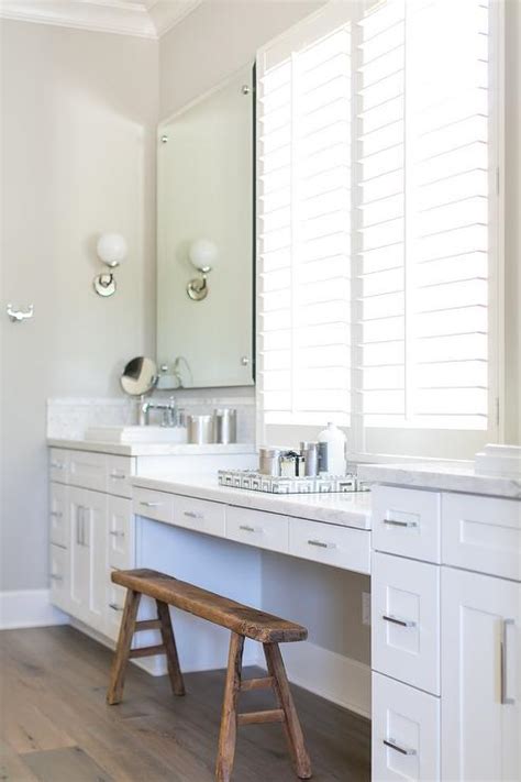 When it flips down, it can be the home office table for reading, writing, working, etc. Makeup Vanity with Sawhorse Bench - Transitional - Bathroom