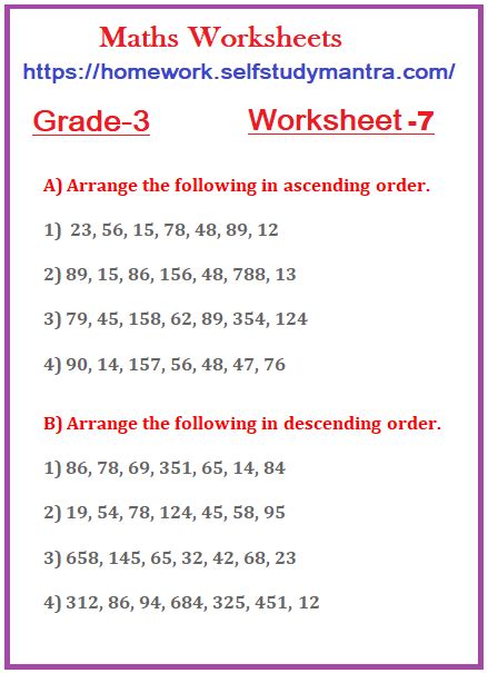 Maths Worksheet For Class 3 Exercise 7 Ascending Order And