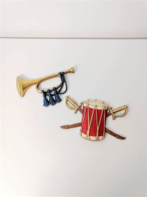 vintage drum and bugle wall hangings set of two small sexton etsy
