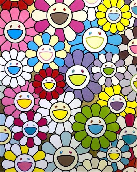 With 12 rounded petals and smiling faces, takashi murakami's flowers are celebrated for their display of joy and innocence. Takashi Murakami | A Little Flower Painting : Yellow, White, and Purple Flowers (2018 ...