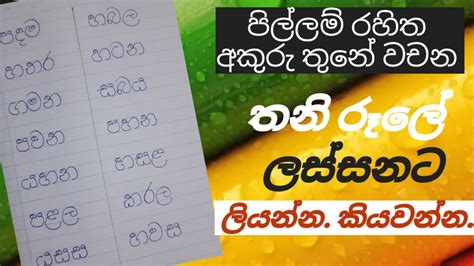 Pillam Rahitha Akuru Thune Wachana පිල්ලම් රහිත අකුරු තුනේ වචන Grade