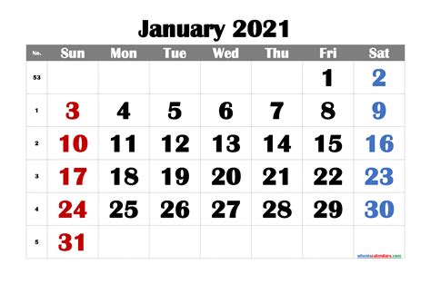 Printable January 2021 Calendar Free Free Printable 2021 Monthly