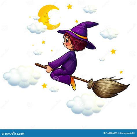 Witch Flying On The Broom In Sky Stock Vector Illustration Of