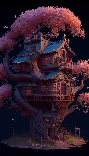 Premium Ai Image Tree House Sitting On Top Of A Lush Green Field