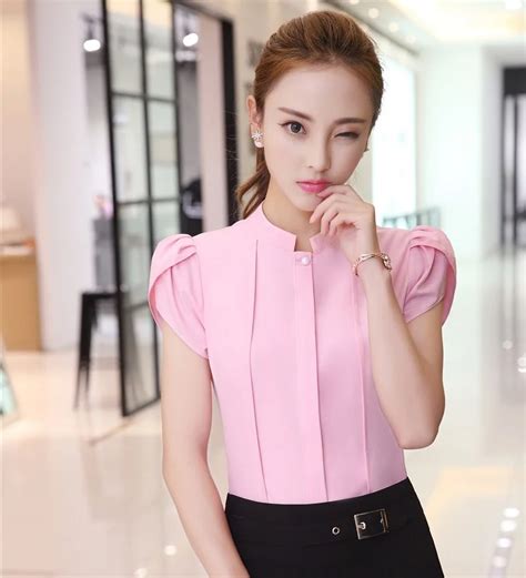 Formal Women Pink Blouses And Shirts Short Sleeve Summer Ladies Work Blouses And Tops Office