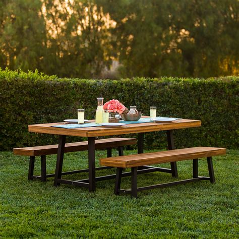 3 Piece Acacia Wood Picnic Style Outdoor Dining Table Furniture Ebay