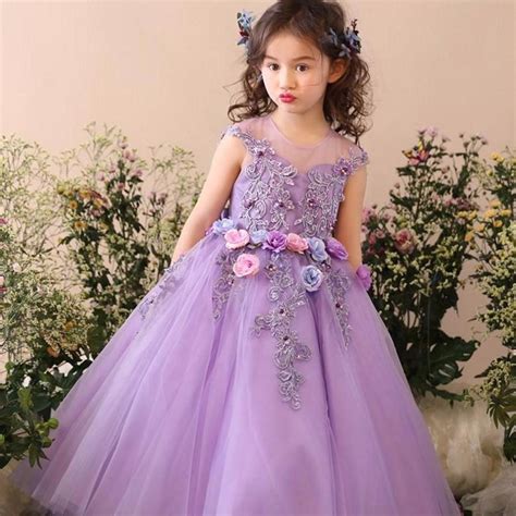 Garden Purple Girls Pageant Dress With Bow 3d Flowers Ball Gown Ankle Length Hand Made Flower